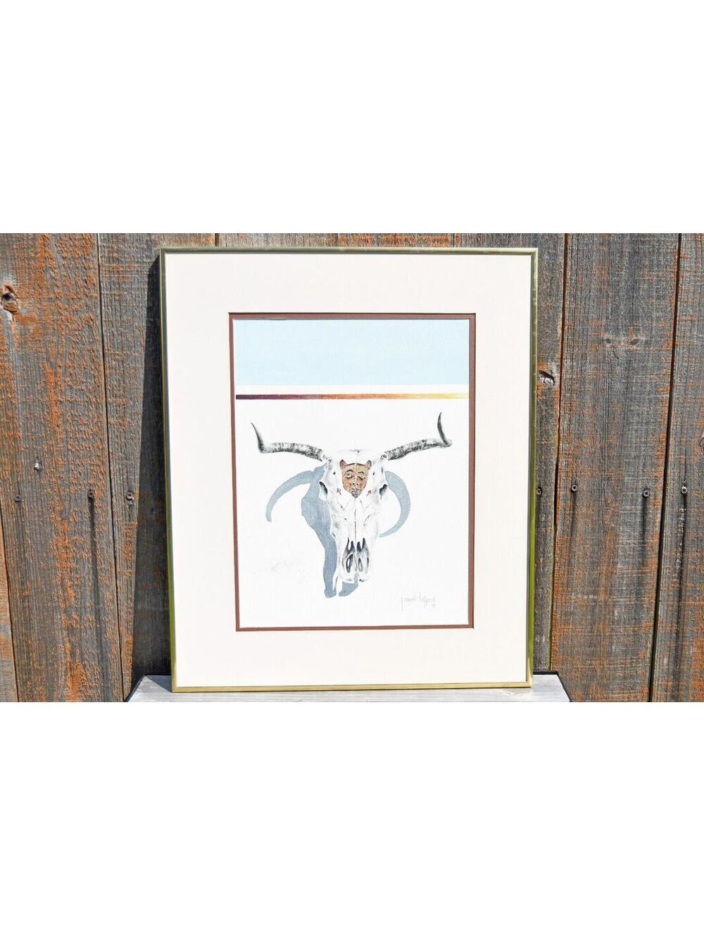 J Royal Telford Longhorn Cow Skull Watercolor Painting Texas Art Framed Original
